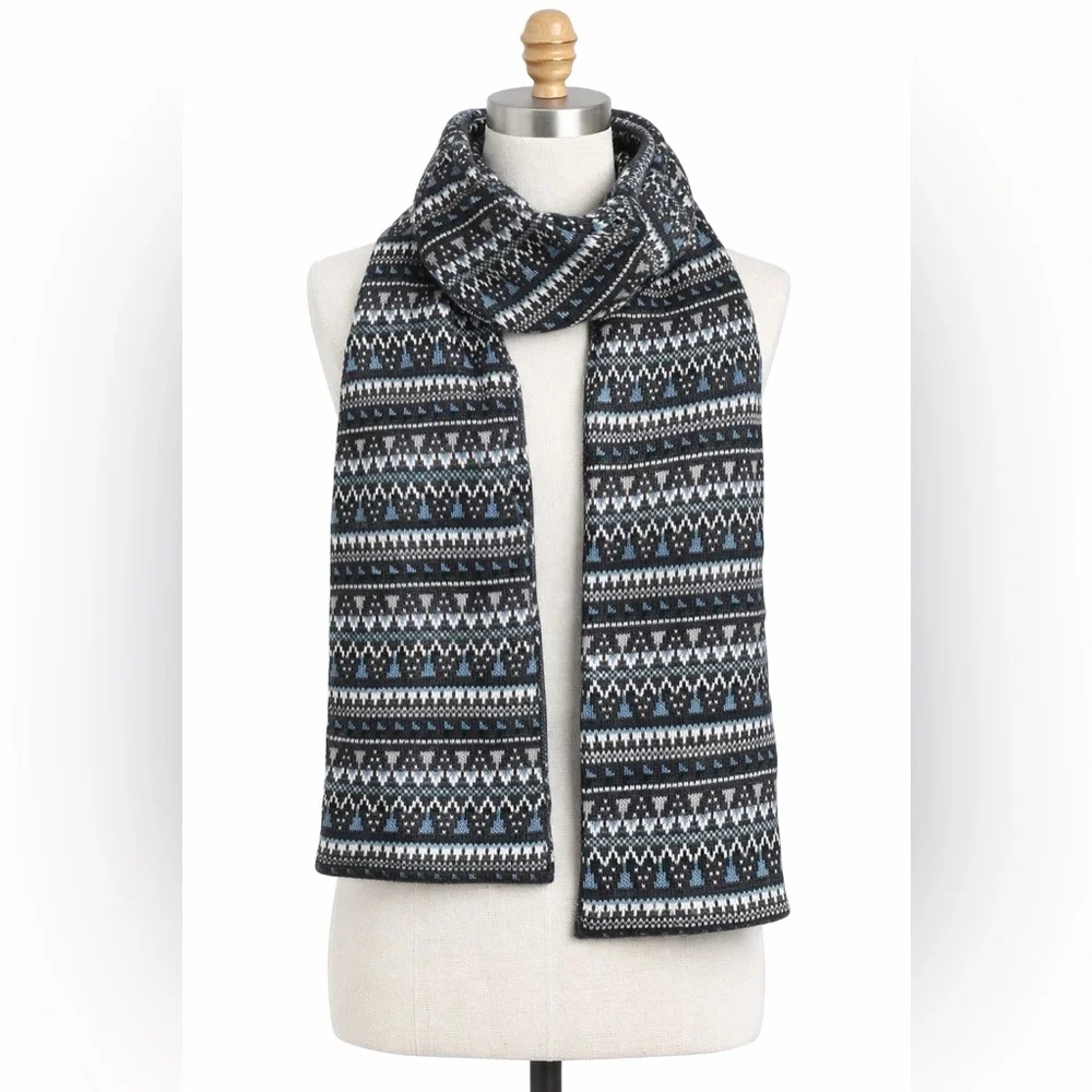Fair Isle Knit Scarf Blue Gray Nordic Winter Cozy Reversible Soft OS